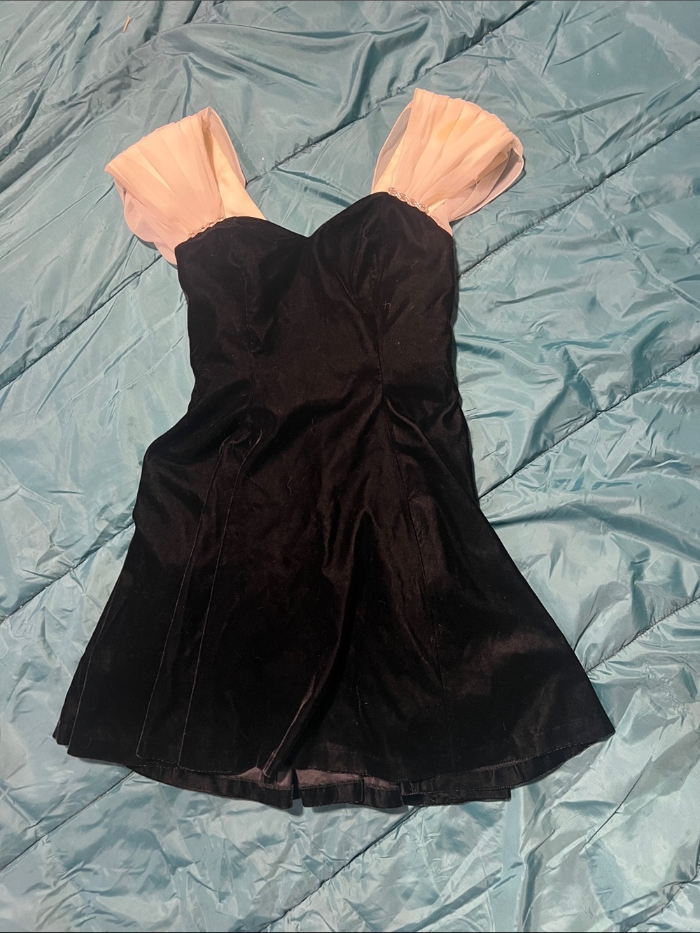 Black Velvet Prom Dress with Blush Cap Sleeves